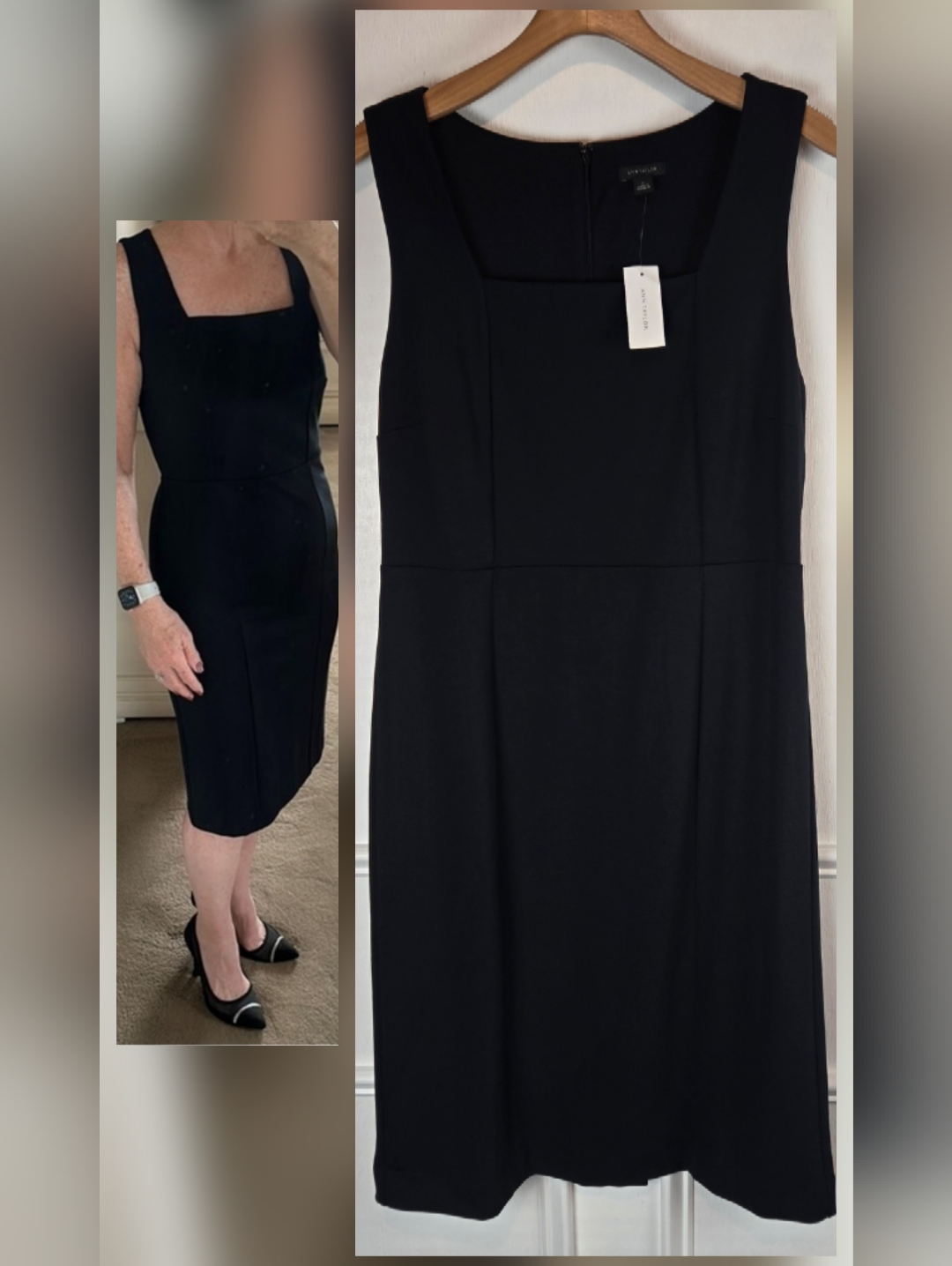 Nwt Ann Taylor Ponte Knit Classic Black Square-Neck Sheath Dress 12 Or Xl